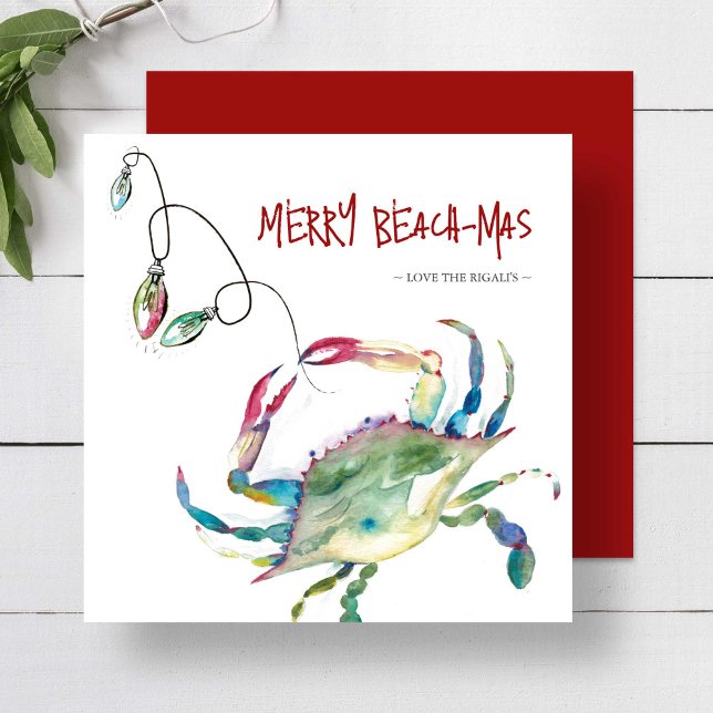 Cartões de Natal em Praia Cartões Aquarela Carangu (Beach Christmas cards Merry Beach-mas watercolor blue crab Victoria Grigaliunas of Do Tell A Belle)