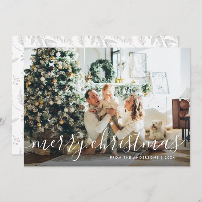 Cartões de Natal Feliz Foto de Caligrafia Botânica (Frente/Verso)