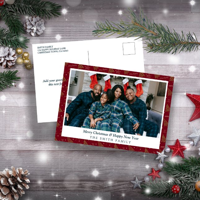 Cartões de natal Festivos Vermelho e Verde com Fot (Elegant Crimson Red Christmas Greetings with Photo Holiday Postcard)