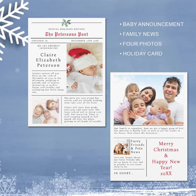 Cartões de Natal Foto Anúncio do Bebê (newspaper christmas card with photo baby announcement family post letter black white red fun funny)