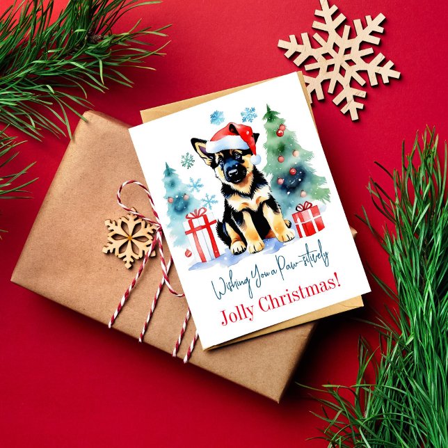 Cartões de natal german shepherd para pessoas de c (Cute German Shepherd puppy Christmas greetings postcard watercolor puppy in Santa hat by gift boxes)