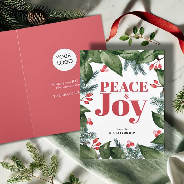 Cartões de Natal para Empresas Botânicos com Aquar (Business Christmas cards with logo watercolor botanicals in red and green with the word Joy)