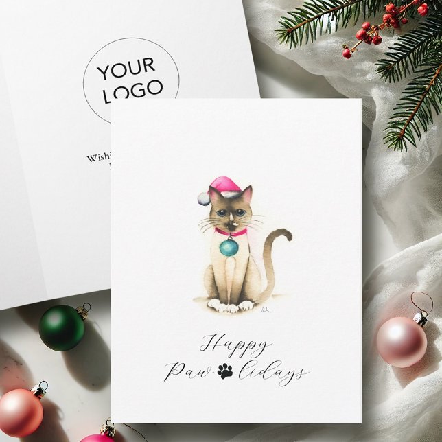 Cartões de Natal para Empresas com Logotipo Siames (Business Christmas cards with logo watercolor siamese cat by Victoria Grigaliunas Do Tell A Belle)