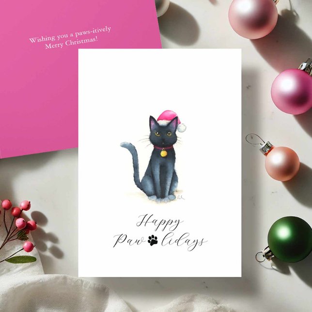 Cartões de Natal para Preto de Cores-d'água (Black cat Christmas cards watercolor by Victoria Grigaliunas Happy Paw-lidays Merry Christmas Wishes)