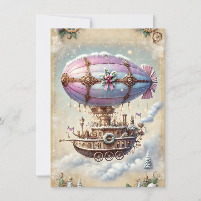 Cartões de Natal Pastel Steampunk - Avião Antiquad (Frente)