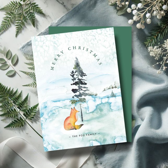 Cartões de Natal Personalizados Charmosos de Casa  (Christmas cards watercolor fox and pine tree winter scene by Victoria Grigaliunas Do Tell A Belle)