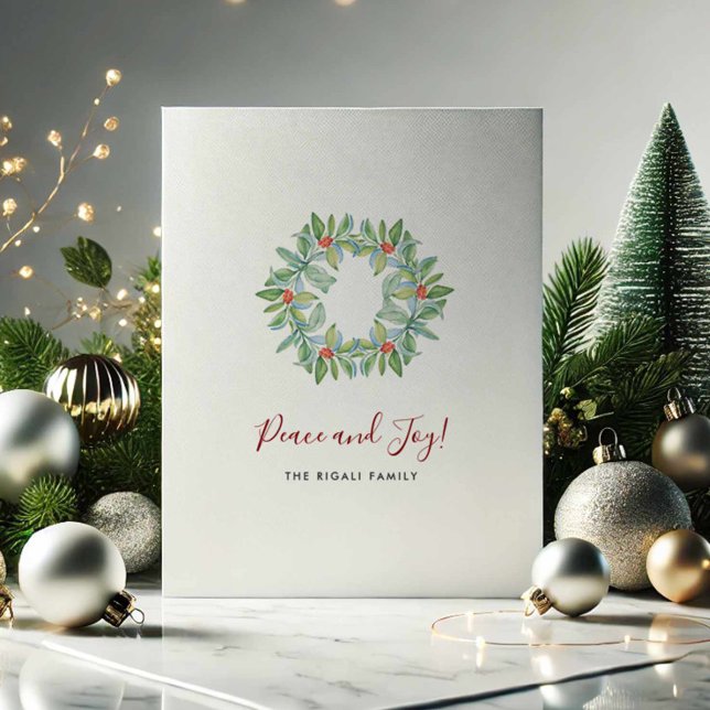 Cartões de Natal Personalizados Sem Foto (Personalized Christmas cards no photo with watercolor wreath art Victoria Grigaliunas DoTellABelle)