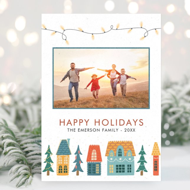 Cartões de Natal Retrô (Family Photo Cute Holiday Retro Houses Christmas Cards by Painted Paperie)