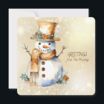 Cartões de natal Snowman da Família Name<br><div class="desc">Um bonitinho bonitinho bonitão com acessórios de ouro e marrom e uma GREETINGS da família NAME</div>