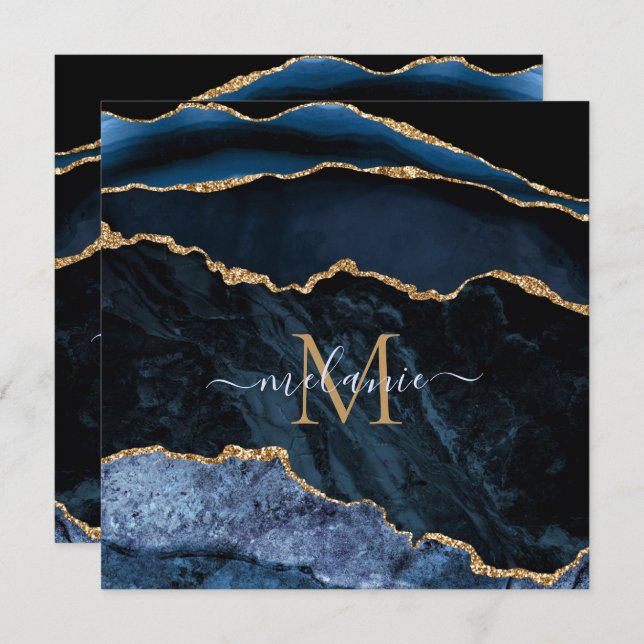 Cartões de nome alfabético personalizado azul Mari (Frente/Verso)