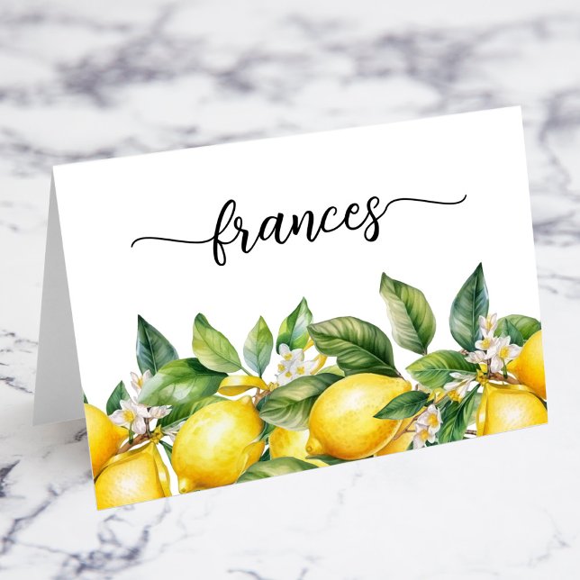 Cartões de Nome com Florais de Limão em Aquarela e (Watercolor Blooming Floral Lemons Script Name Place Cards)