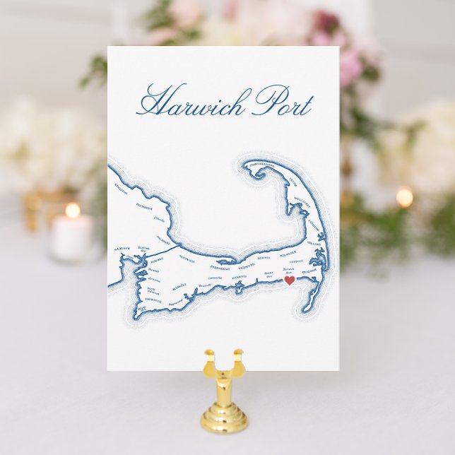 Cartões de Nome de Mesa de Casamento de Cabo Cod E (Cape Cod Wedding Table Town Name cards with editable places and elegant navy blue Harwich Port map)