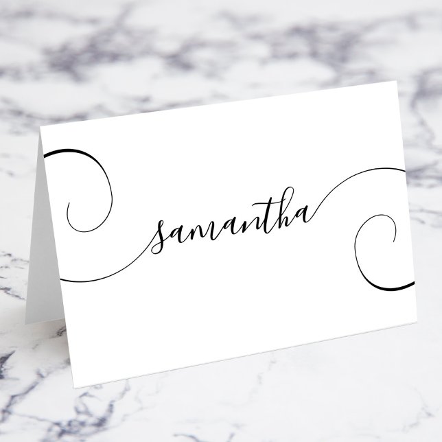 Cartões de Nome Individual com Assinatura Preta e  (Black Curly Signature Individual Name Place Cards)