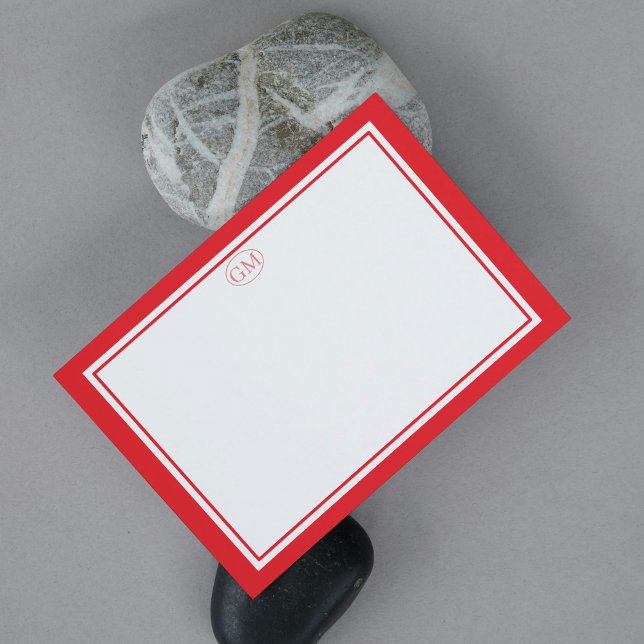 Cartões de Nota com Monograma Minimalista Elegante (Minimalist RED Border Monogram Note Card
)
