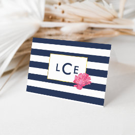 Cartões de Nota de marinho Stripe & Pink Peony Mon
