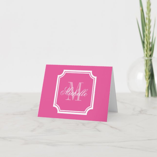 Cartões de nota de monograma cor-de-rosa-neon com  (Frente)
