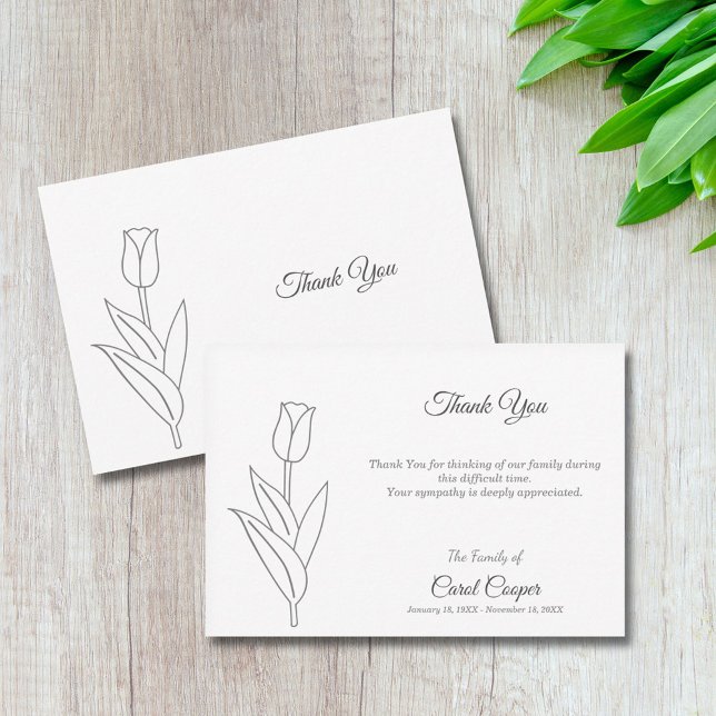 Cartões de Nota do Funcional de Arte de Linha Tuli (Tulip Line Art Funeral Thank You Note Card)