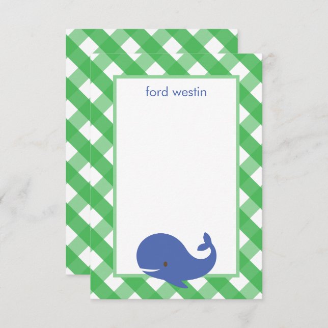 Cartões de Nota Personalizados Gingham Whale (Frente/Verso)