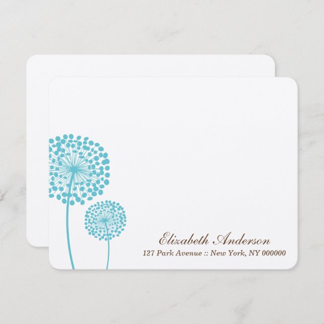 Cartões de Nota Simples Aqua Dandelions (Frente/Verso)