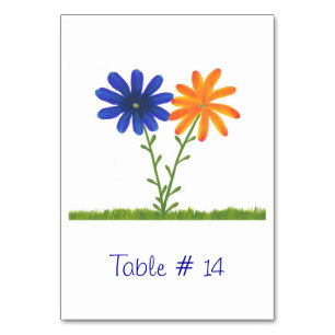 Cartões de número de mesa com flores azuis e laran
