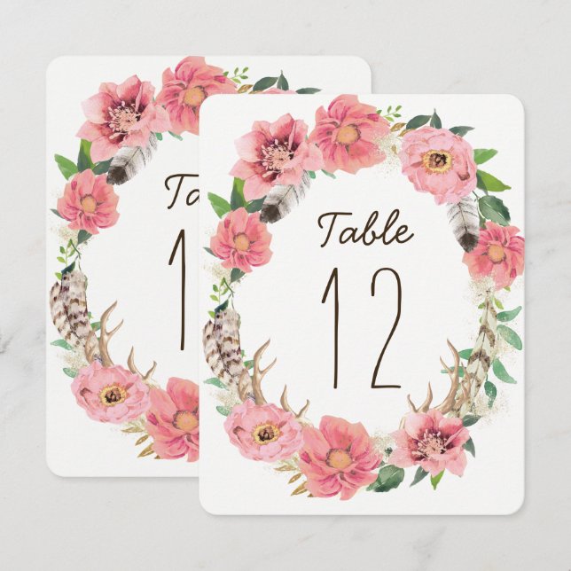 Cartões de Número de Mesa com Plumas Boho Aquarela (Frente/Verso)