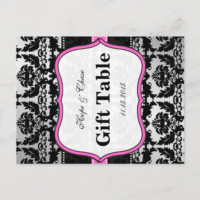 Cartões de Número de Mesa Damask Prata Rosa e Pret (Frente)