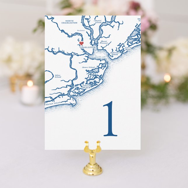 Cartões de Número de Mesa de Casamento Mapa de Cha (Charleston South Carolina Wedding Table Number in elegant navy blue from Coastal Map Designs)