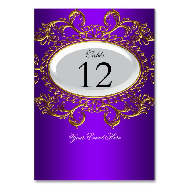Cartões de Número de Mesa Roxo Real Branco Dourado (Frente)