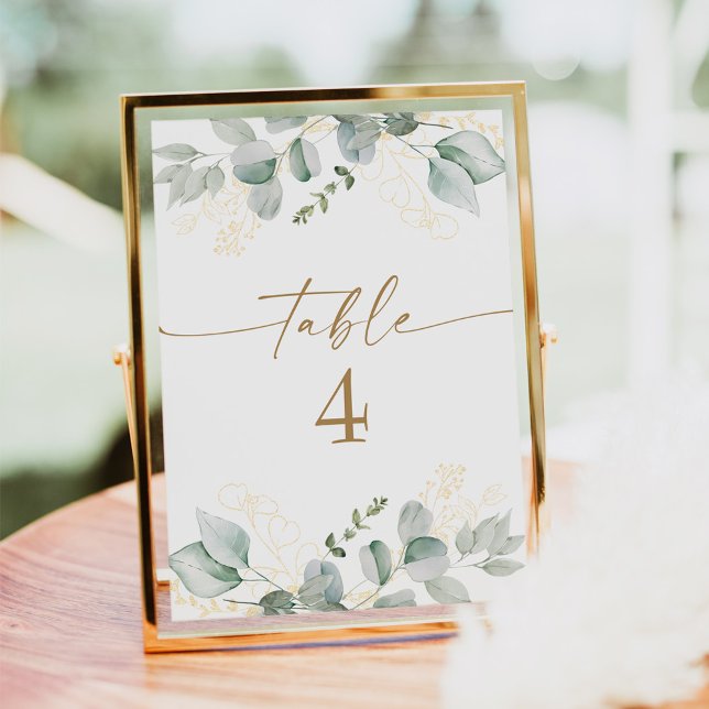 Cartões de Número de Tabela de Casamento Dourado e (Elegant watercolor greenery and gold wedding table number cards)