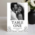 Cartões de Número de Tabela de Fotos de Casamento<br><div class="desc">Guie seus convidados com estilo usando estes cartões de números da mesa de casamento projetados com um tema de casamento preto e branco eterno. Apresentando elegante anêmona de arte floral e espaço para a foto do casal, esses cartões de casamento de números de tabela combinam simplicidade com sofisticação para complementar...</div>