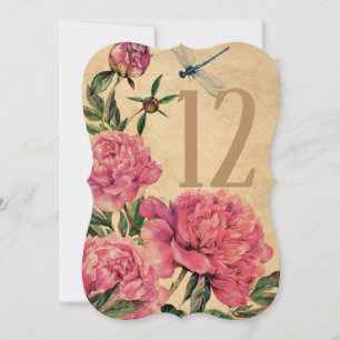 Cartões de Número de Tabela de Peony & Dragonfly