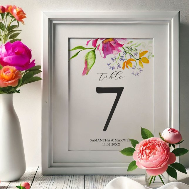 Cartões de Número de Tabela Floral de Aquarela (Bold floral table numbers watercolor art by Victoria Grigaliunas DoTellABelle)
