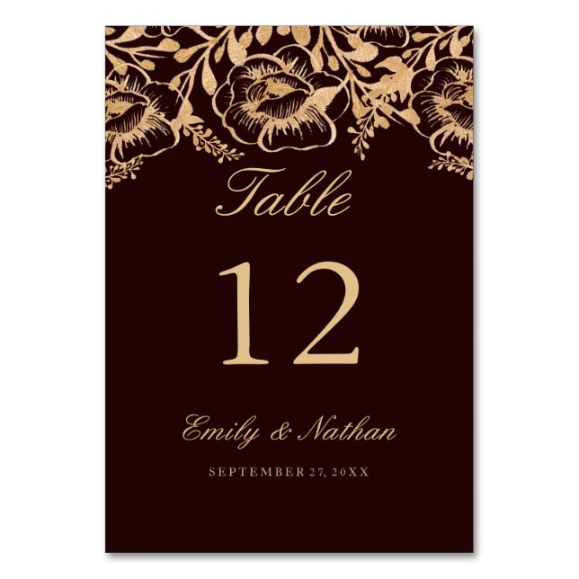 Cartões de Número de Tabela Floral Dourada Burgund (Frente)
