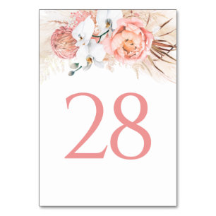 Cartões de Número de Tabela Floral Rosa-Rosa Pampa