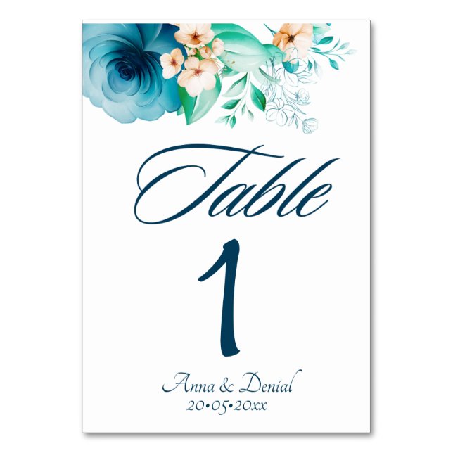 Cartões de números de mesa para casamento Azure Bl (Frente)