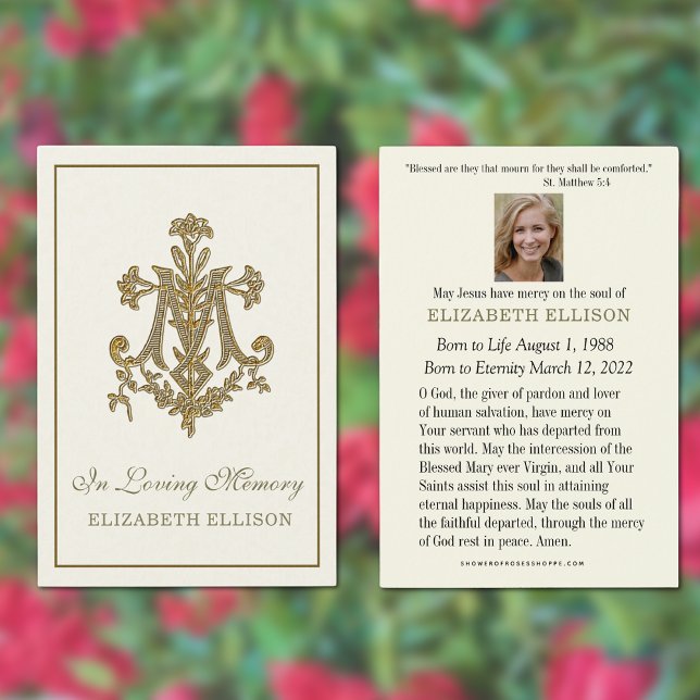 Cartões de Oração Cruzada Marinho Dourado Elegante (Traditional Catholic Funeral Memorial Prayer Card)