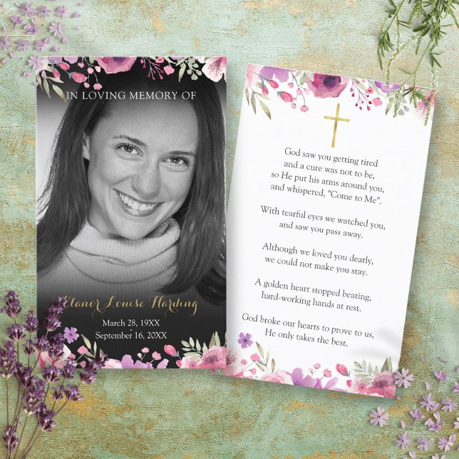 Cartões de oração funerários, pretos e brancos (Floral Black and White Photo Funeral Prayer Cards)