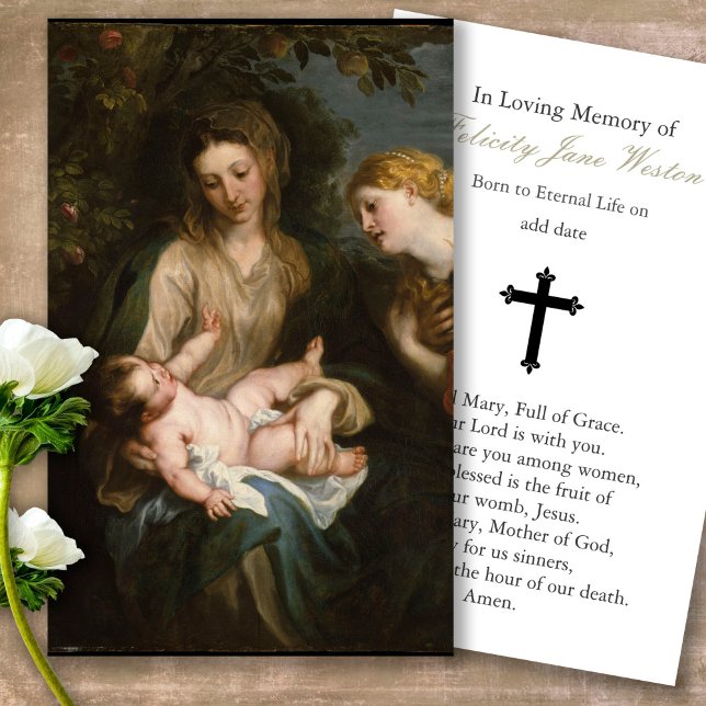 Cartões de Oração | Madonna & Child & Rua Catherin (catholic, religious, celebration of life, in loving memory of, prayer cards for bereavement)