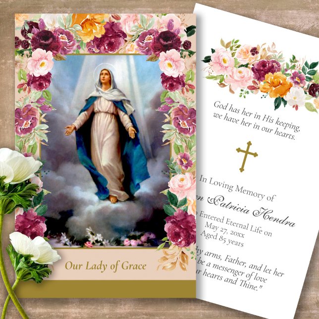 Cartões de Oração | Nossa Senhora da Graça - Delux (catholic, religious, celebration of life, in loving memory of, prayer cards for bereavement)
