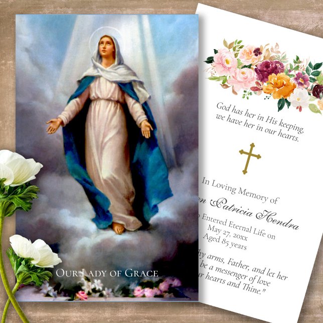 Cartões de Oração | Nossa Senhora - Deluxe (catholic, religious, celebration of life, in loving memory of, prayer cards for bereavement)
