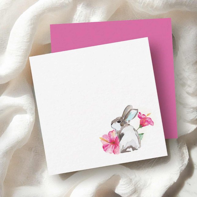 Cartões de Páscoa Ilustrados com Bunny Coelho em A (Watercolor bunny notecards with pink hibiscus flower art by Victoria Grigaliunas of Do Tell A Belle)