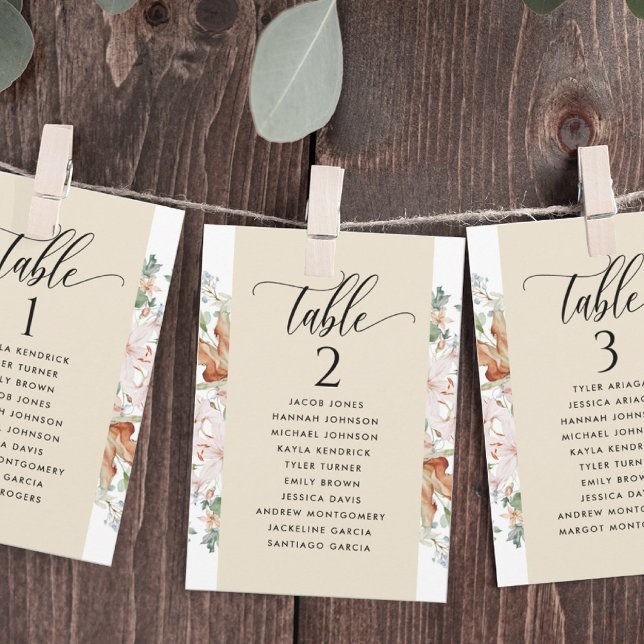 Cartões de Plano de Assentos Beige Blooms com Nome (Criador carregado)