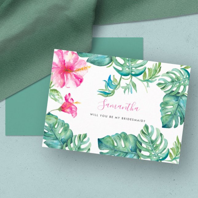 Cartões De Ponta Tropicais De Ponta (floral bridesmaid cards tropical pink flowers palm leaves destination wedding Victoria Grigaliunas)