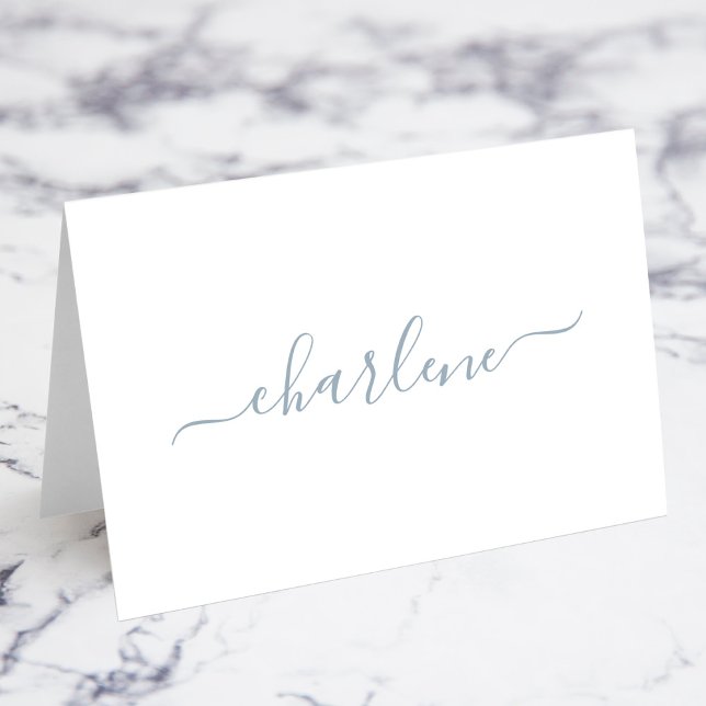 Cartões de Posição de Nome de Assinatura Elegante  (Dusty Blue Elegant Signature Script Individual Name Fold Your Own Place Cards)