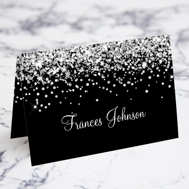 Cartões de Posição de Nome Individual Preto (Silver Glitter Black Individual Name Place Cards)