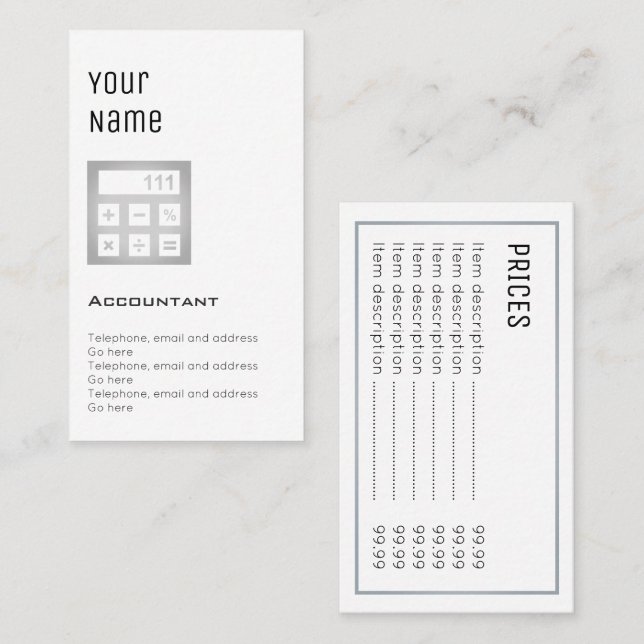 Cartões de preço "essenciais" do contador (Frente/Verso)