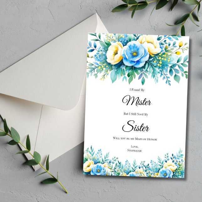 Cartões de Proposta de Festa de Noiva Florais Amar (Blue yellow watercolor floral Bridesmaid Maid of Honor Proposal card. Printed or Digital download)