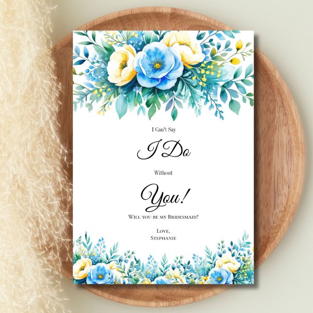 Cartões de Proposta de Partido Floral Amarelo Azul (Blue yellow watercolor floral bridesmaid maid of honor Bridal Party proposal card, Printed or digita)