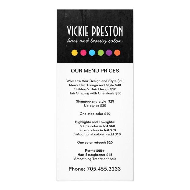 Cartões de rack para menus de salão de cabelo (Frente)