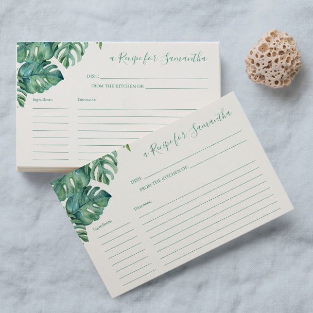 Cartões de receita (Recipe cards for bridal shower watercolor tropical monstera palm leaf art by Victoria Grigaliunas )